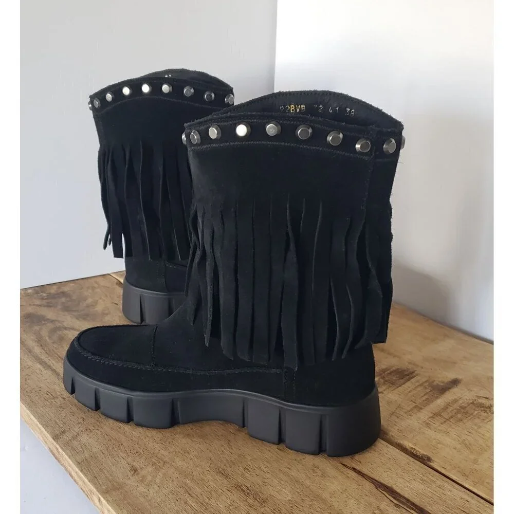 NWT Geox Ghoula Suede Fringe Studded Mid-Calf Chunky Lug Sole Winter Boots 38